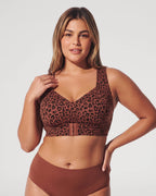 PLERIVA Wireless Posture Bra with Front Closure in Leopard, front view on model