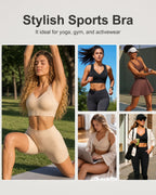 PLERIVA Wireless Posture Bra with Front Closure in Nude, lifestyle collage worn for yoga and activewear