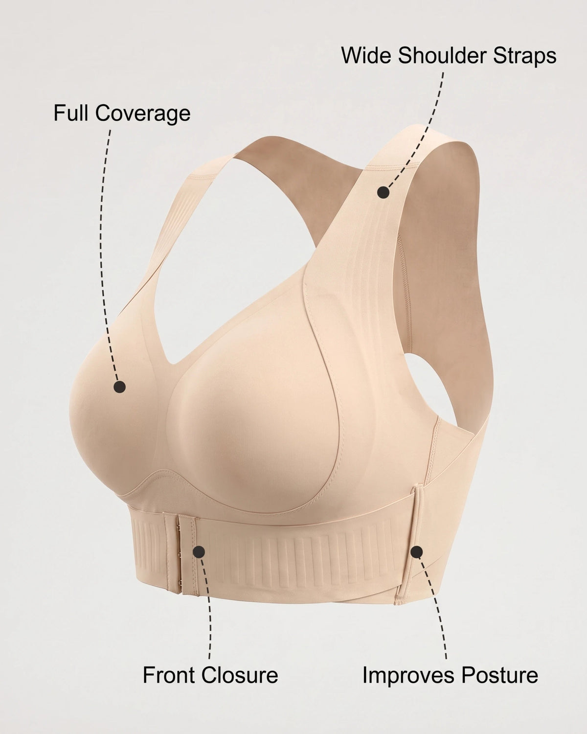 PLERIVA Wireless Posture Bra with Front Closure in Nude, product diagram of coverage, straps and front closure
