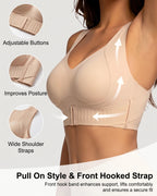 PLERIVA Wireless Posture Bra with Front Closure in Nude, feature graphic of the front hook band and wide straps