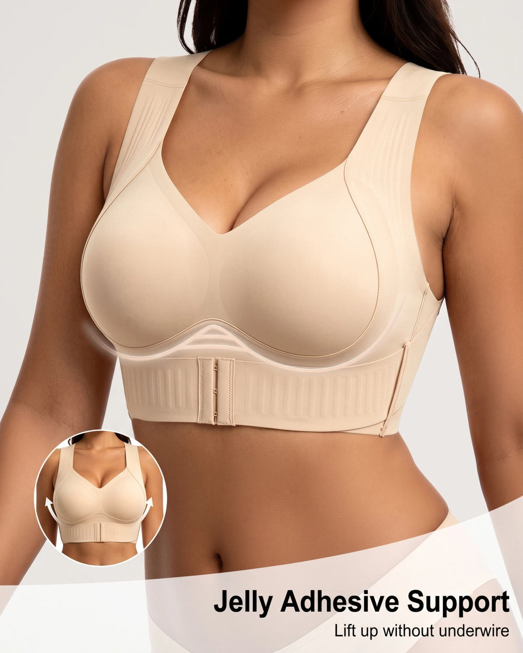 PLERIVA Wireless Posture Bra with Front Closure in Nude, feature graphic of the wire-free jelly support