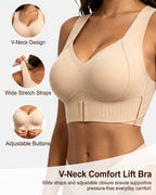 PLERIVA Wireless Posture Bra with Front Closure in Nude, feature graphic of the V-neck and stretch straps