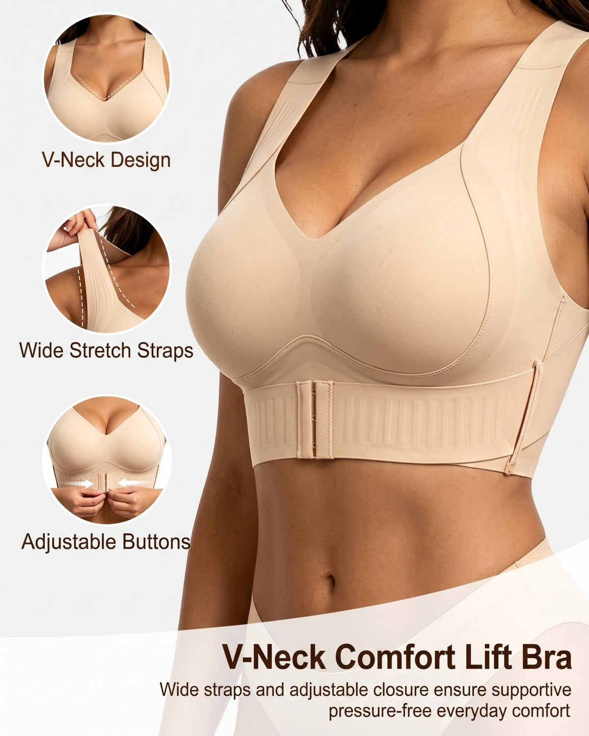 PLERIVA Wireless Posture Bra with Front Closure in Nude, feature graphic of the V-neck and stretch straps