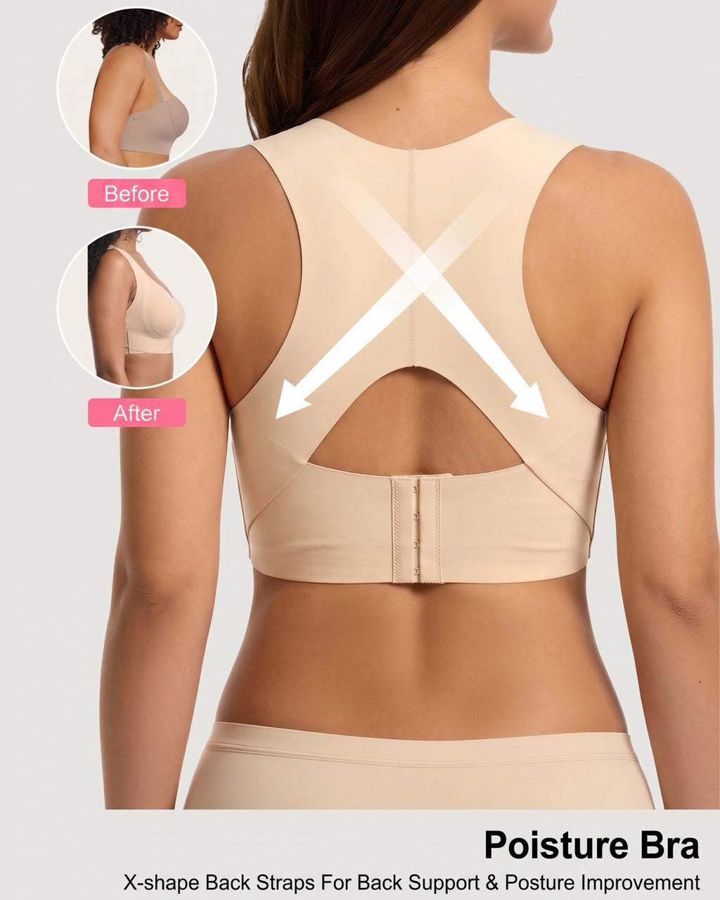 PLERIVA Wireless Posture Bra with Front Closure in Nude, feature graphic of the X-shape back straps