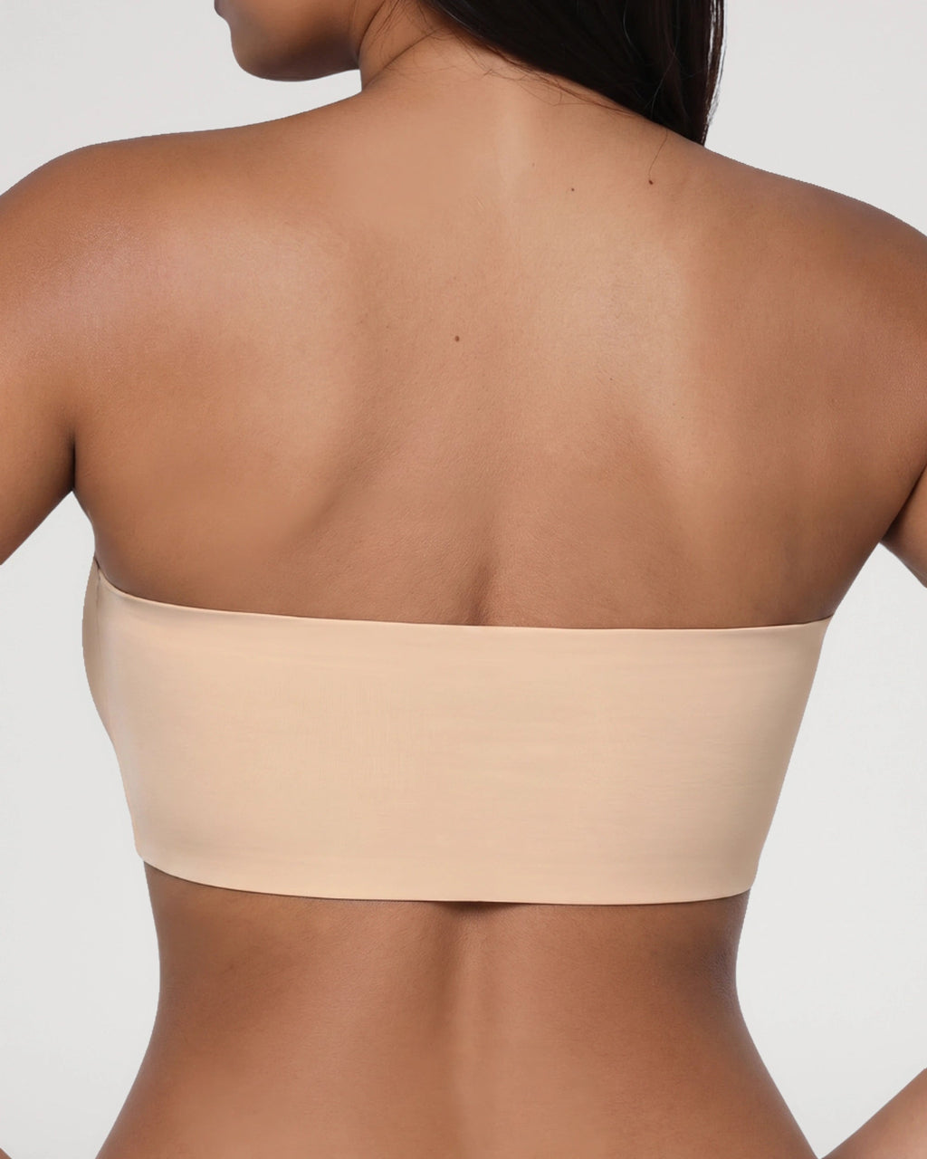 PLERIVA Wireless Seamless Strapless Bandeau in Nude, back view on model