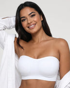 PLERIVA Wireless Seamless Strapless Bandeau in White, front view styled with an open shirt