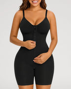 PLERIVA Zip Front Mid Thigh Shaping Bodysuit in Black, front view showing the front closure