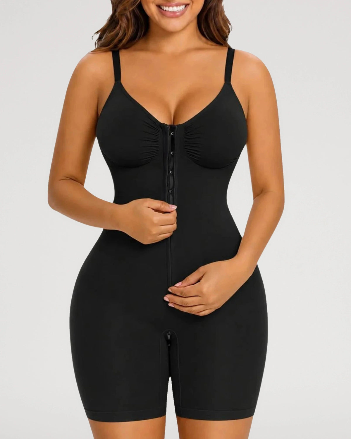 PLERIVA Zip Front Mid Thigh Shaping Bodysuit in Black, front view showing the front closure