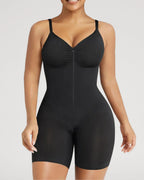 PLERIVA Zip Front Mid Thigh Shaping Bodysuit in Black, front view on model