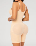 PLERIVA Zip Front Mid Thigh Shaping Bodysuit in Nude, back view on model