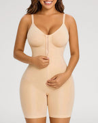 PLERIVA Zip Front Mid Thigh Shaping Bodysuit in Nude, front view showing the zip